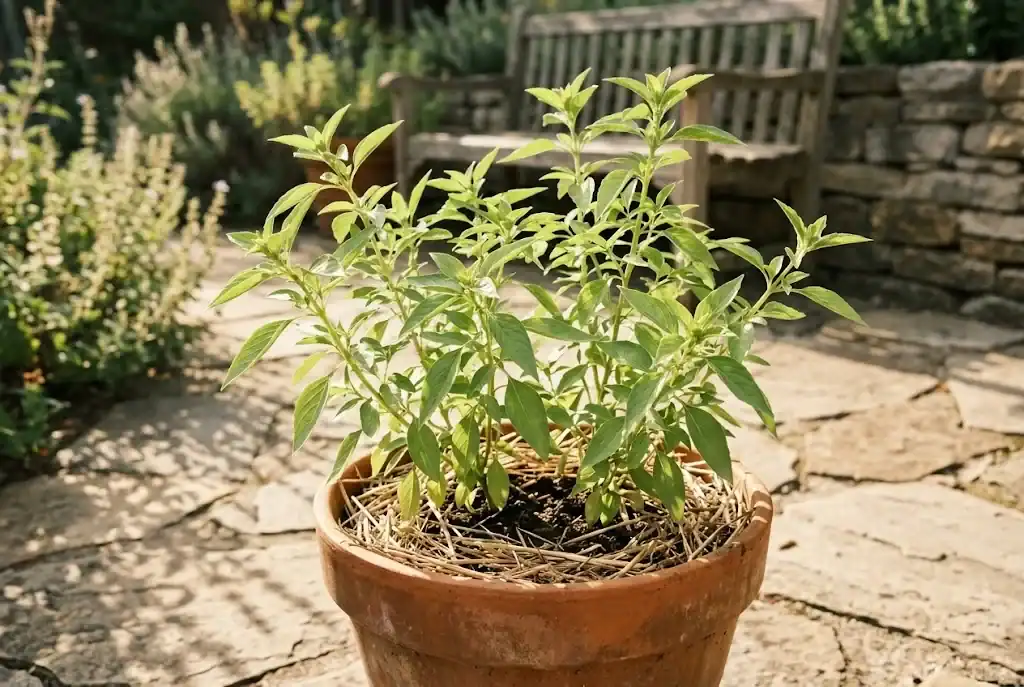 Bushy lemon basil growing in a twelve-inch terracotta container on a sunny stone patio