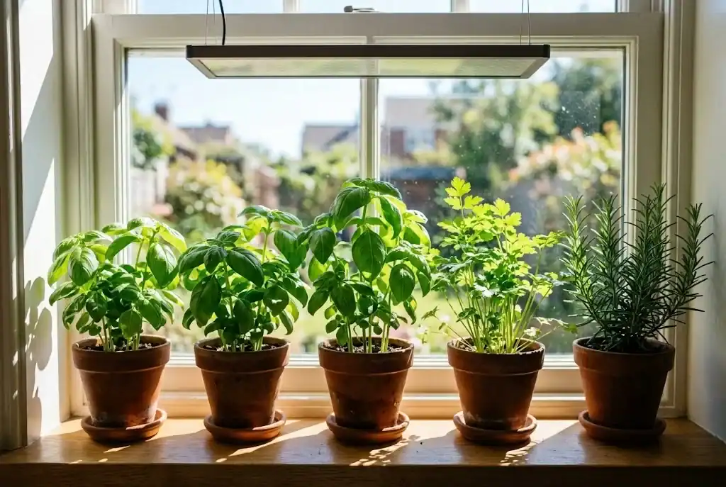 Direct midday sunlight pouring onto a south-facing windowsill with basil, parsley, and rosemary pots and a supplemental grow light