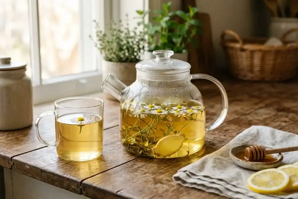 A clear glass teapot steeping chamomile and ginger tea beside a matching mug on a wooden kitchen counter
