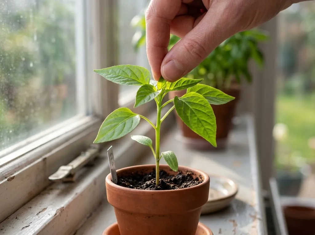 Fingers pinching the very top growing tip off a young chili seedling with six true leaves, just above the second set of true leaves, on a sunny windowsill.