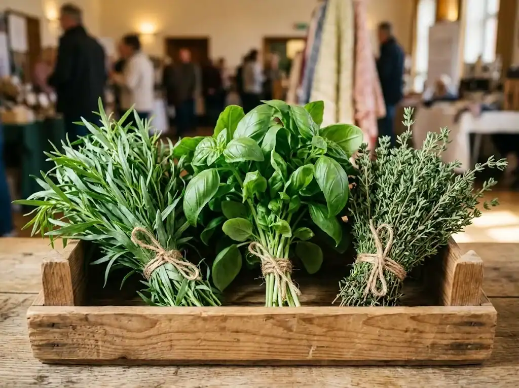 Wooden crate holding freshly harvested commercial bundles of French tarragon, sweet basil, and thyme tied with natural twine