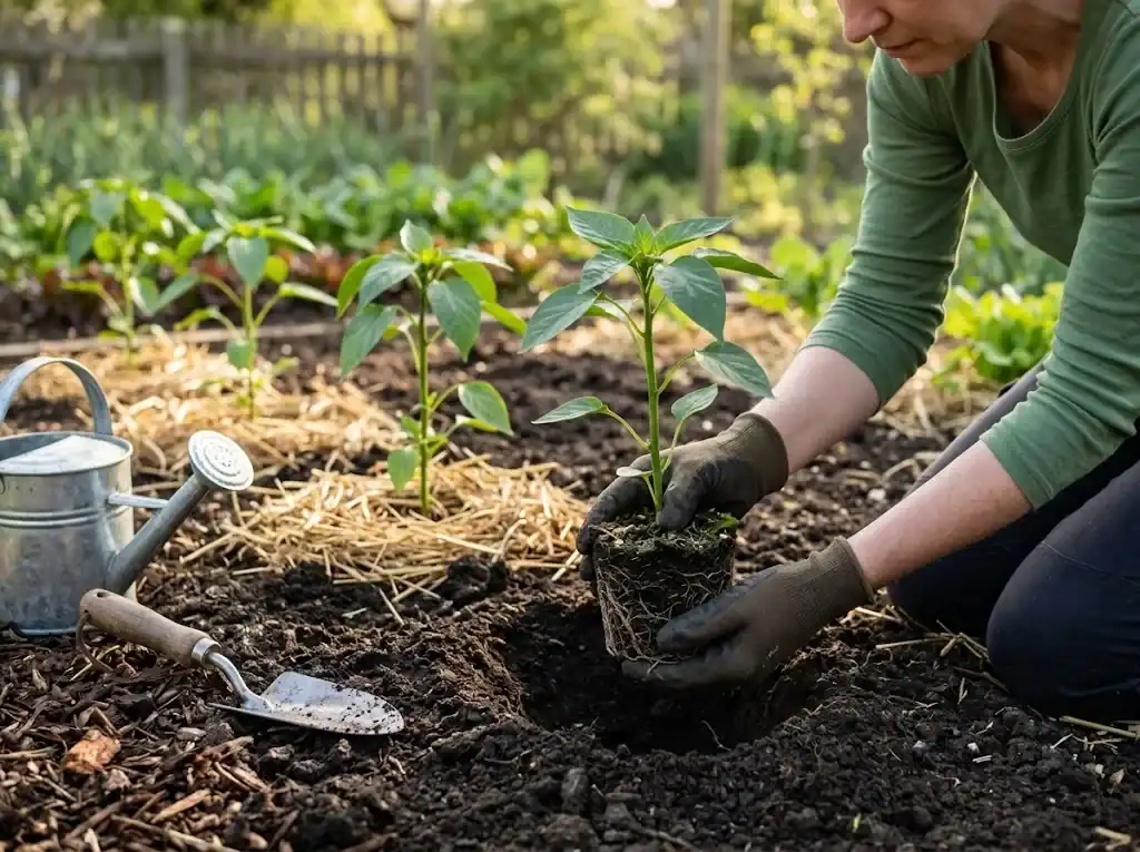 Gloved hand transplanting a young red chili seedling into a garden bed with straw mulch