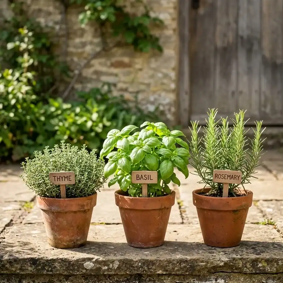 Three terra cotta pots on a sunny back step holding thyme, basil, and rosemary as a starter set for an organic herb garden