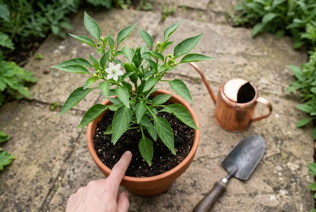 Small chili plant in a terracotta pot beside a copper watering can and a soil moisture meter on a sunlit stone patio