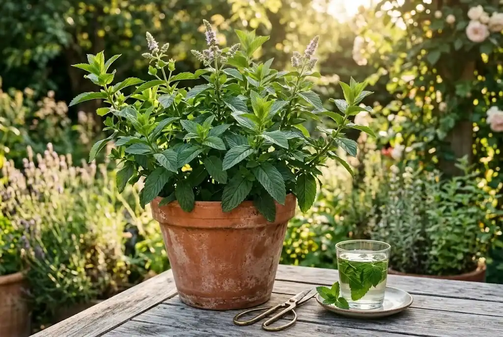 Peppermint in a terracotta pot on a wooden patio with square stems and dark green serrated leaves, a glass of steeped mint beside it