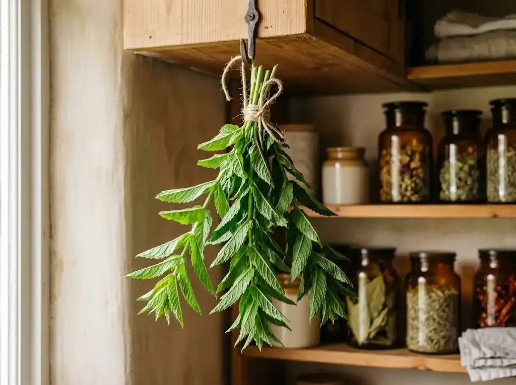 Several stems of spearmint tied together and hung upside down in a warm pantry to air dry