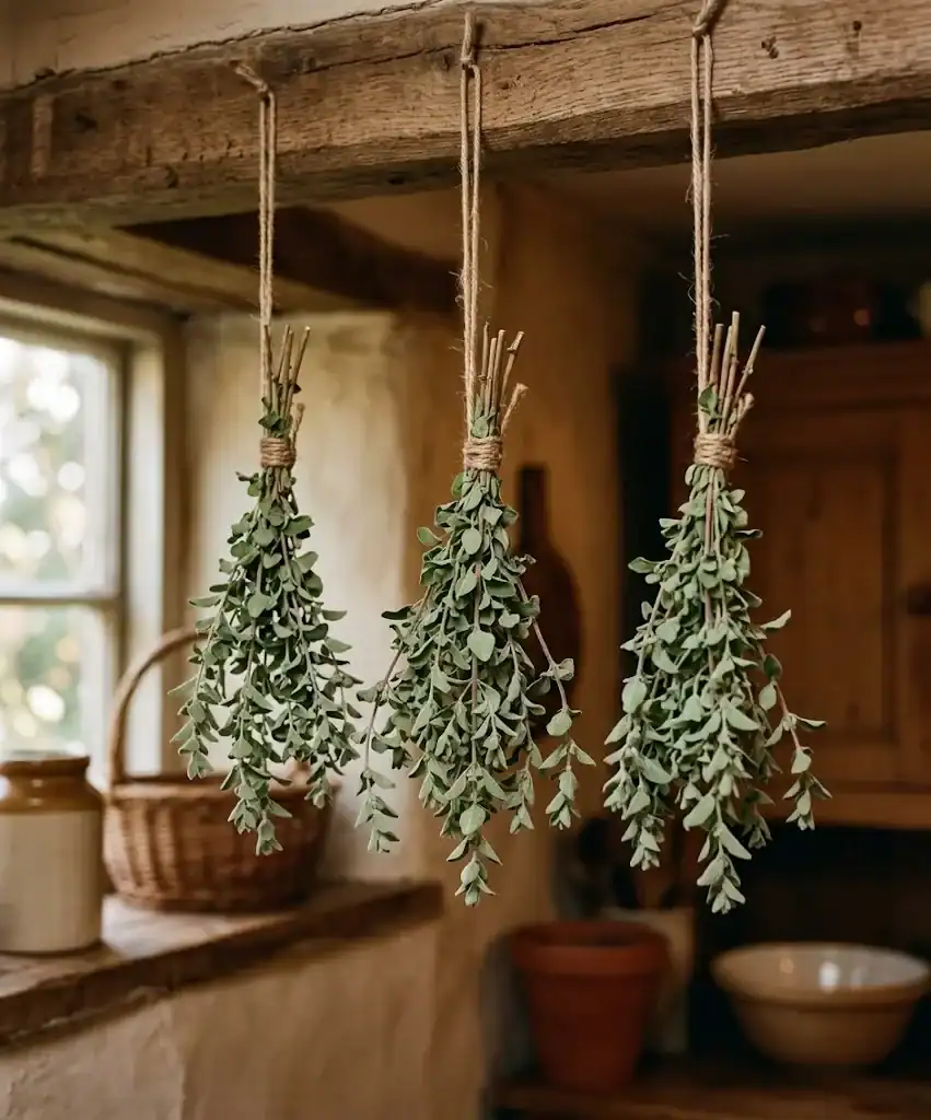 Small bundles of marjoram stems tied with twine and hanging upside down to air dry