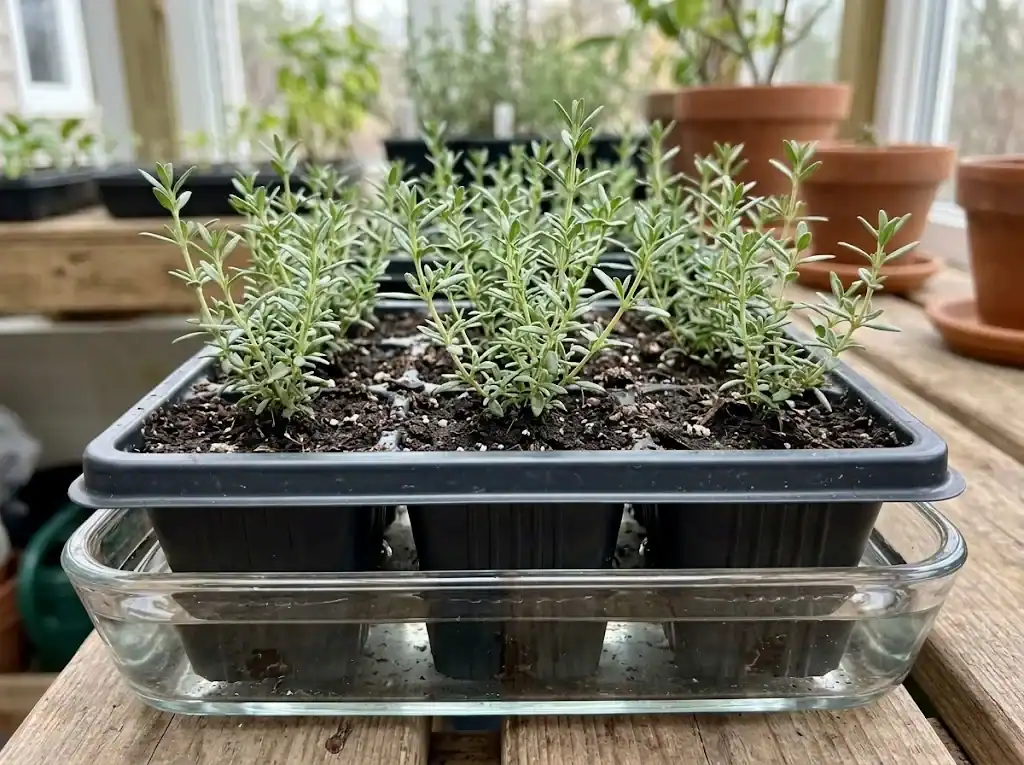 Shallow seedling tray with young thyme sprouts being watered from the bottom in a shallow water basin