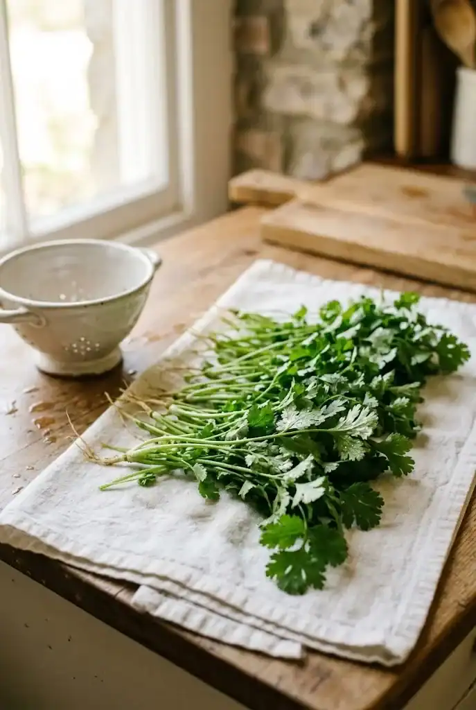 Freshly harvested bunch of cilantro stems laid out on a white kitchen towel to dry