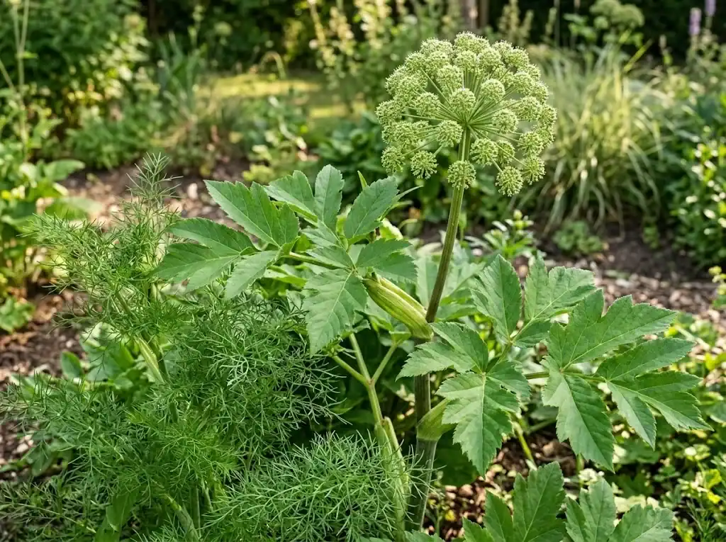 Tall architectural angelica with spherical umbel blooms growing next to feathery caraway foliage