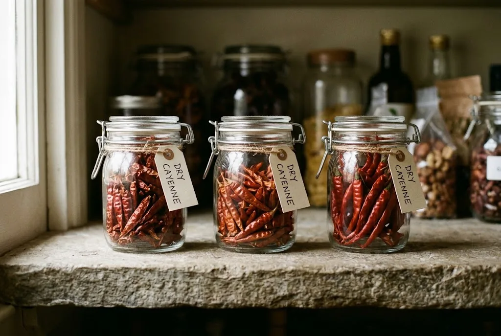 Three small hinged glass jars of dried red Cayenne pods in varying stages on a stone pantry shelf