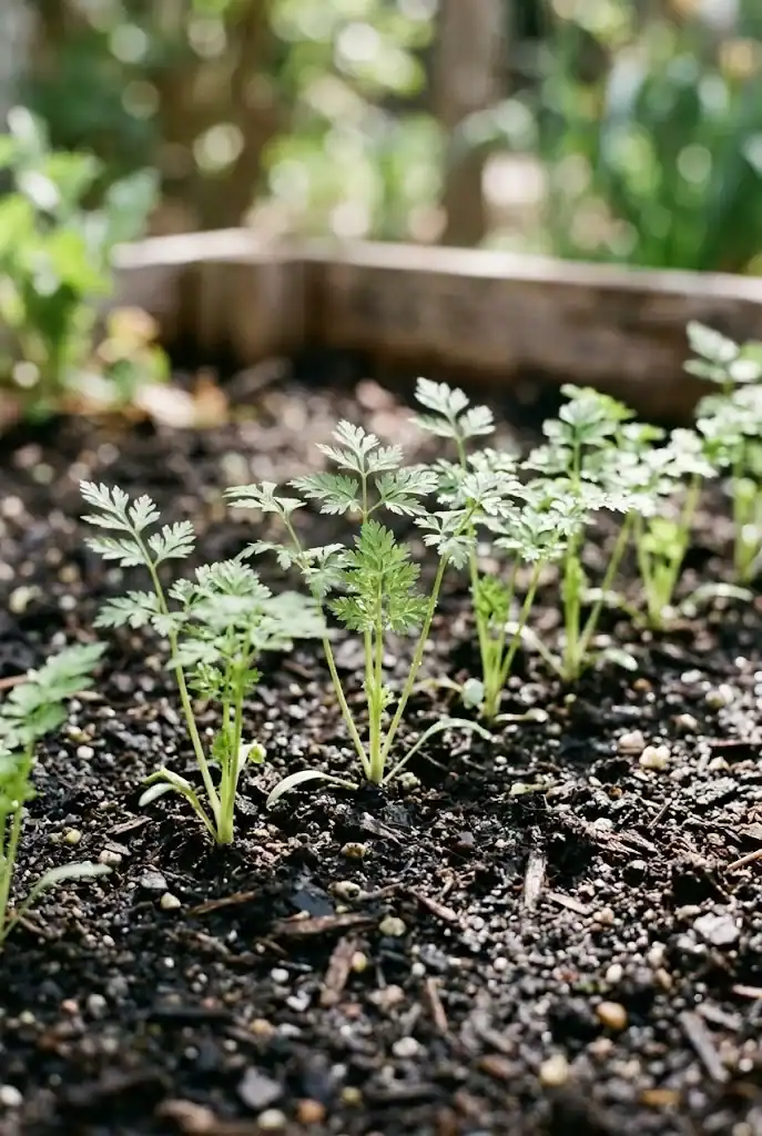 A row of young chervil seedlings with lacy true leaves growing in a moist garden bed