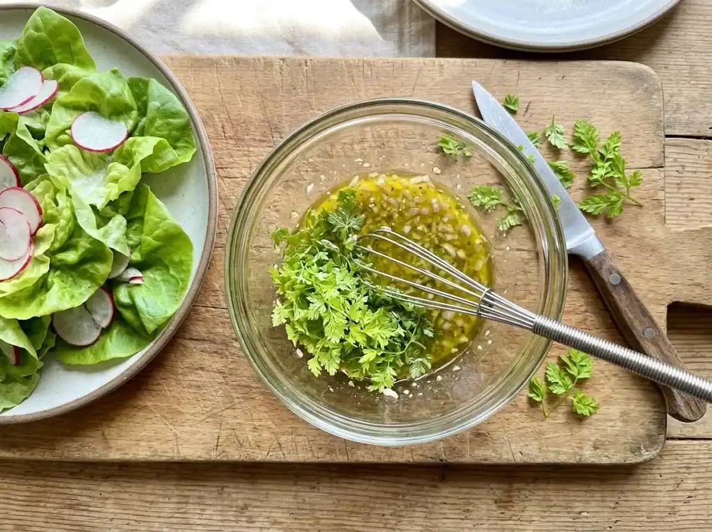 A vinaigrette being whisked in a small glass bowl with chopped chervil stirred in, beside a butter lettuce salad