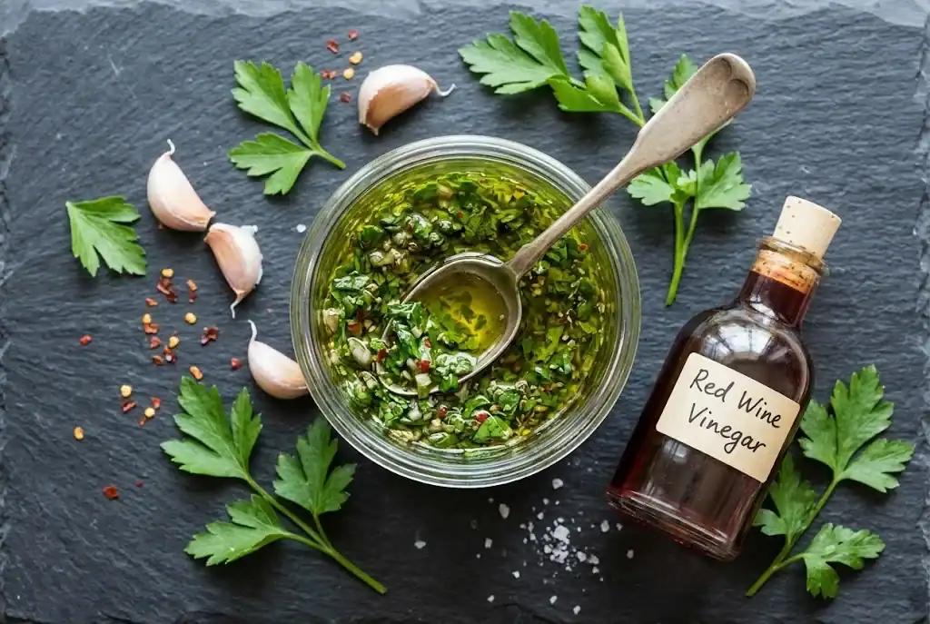 Glass jar of vibrant green chimichurri sauce with olive oil, herbs, and crushed red pepper