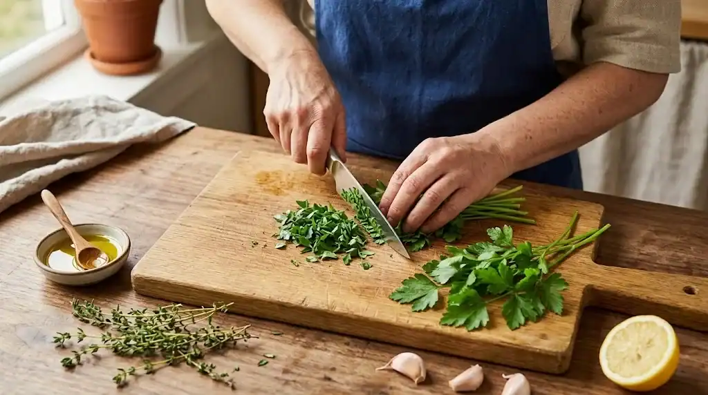 Hands chopping fresh flat-leaf parsley on a wooden cutting board with thyme sprigs, olive oil, and lemon nearby
