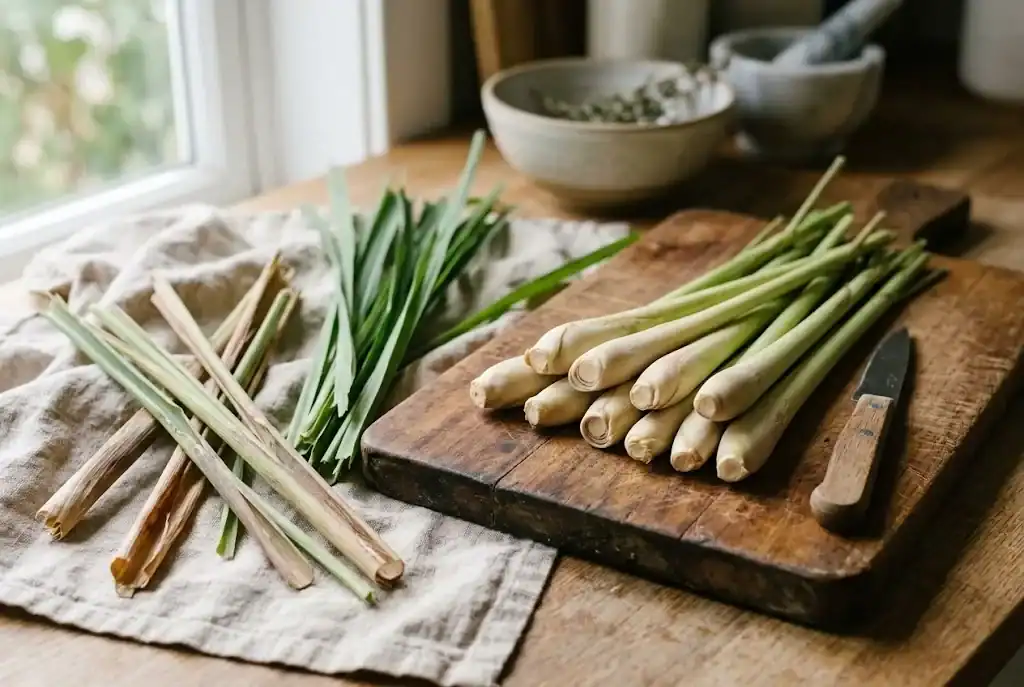 Freshly cleaned lemongrass pieces with trimmed leaves and pale bases on a kitchen towel