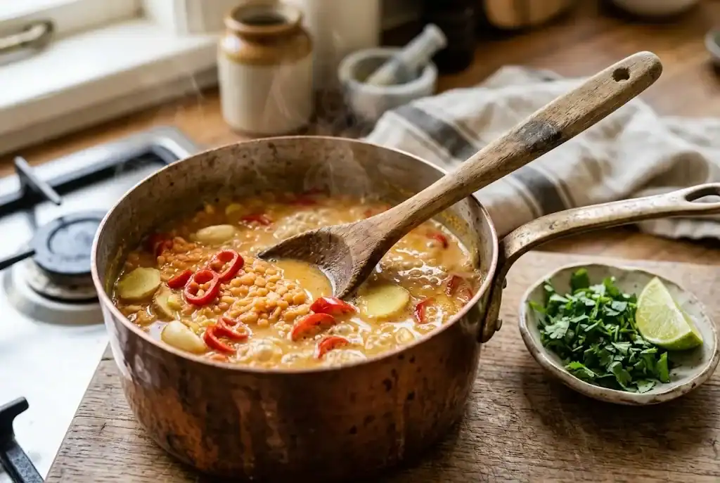 Red lentils simmering in a small copper pot with chili, ginger, and coconut milk