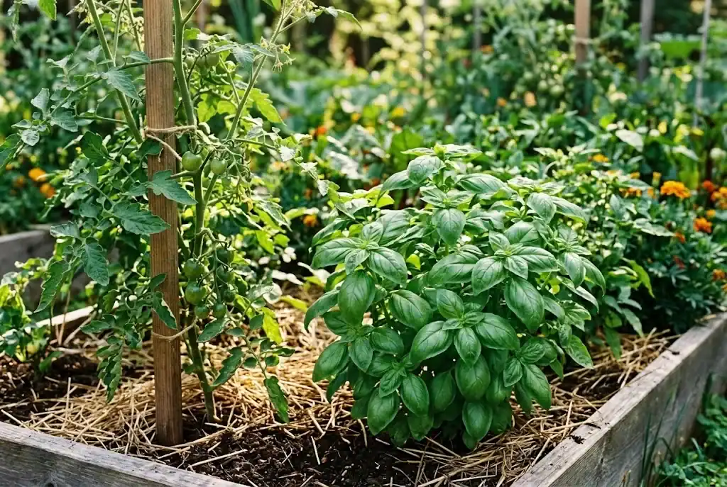 Bushy sweet basil growing as a companion plant beside an heirloom tomato vine