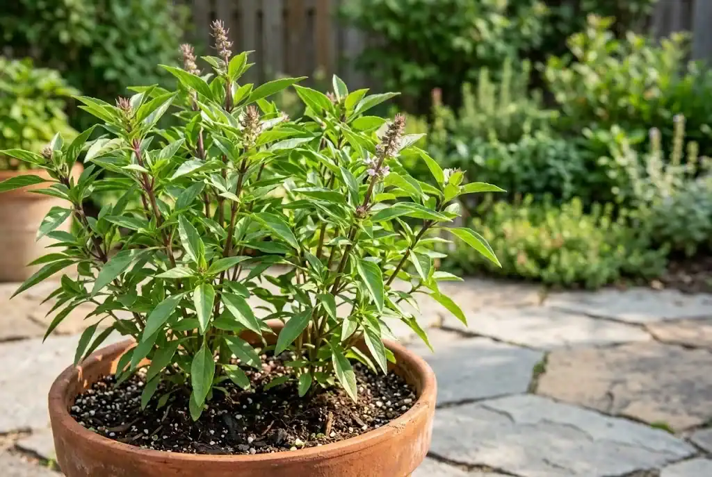 Fluffy Thai basil plant flourishing in a 10-inch terracotta container on an outdoor patio