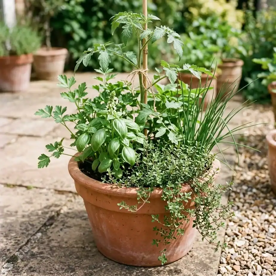 A large terracotta pot on a patio holding a tomato plant with basil at its base and thyme spilling over the rim