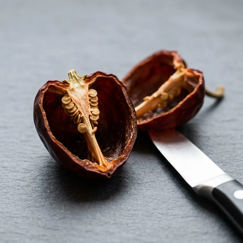 A dried cascabel chili pod cut in half on matte slate, showing the thin walls, pale placenta, and loose seeds that make the pods rattle when shaken.