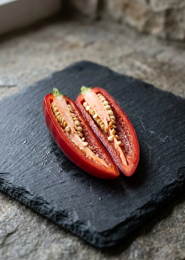 One ripe red serrano pepper sliced lengthwise on dark slate showing pale placental ribs and seeds