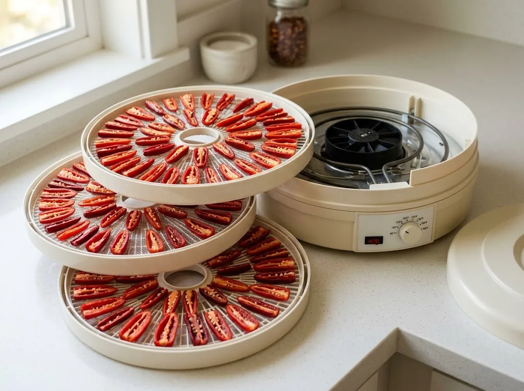 A five-tray round food dehydrator open on a kitchen counter with halved peppers on each tray