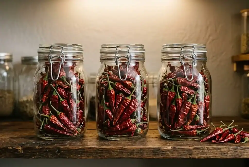 Glass mason jars filled with whole dried red chili peppers on a pantry shelf