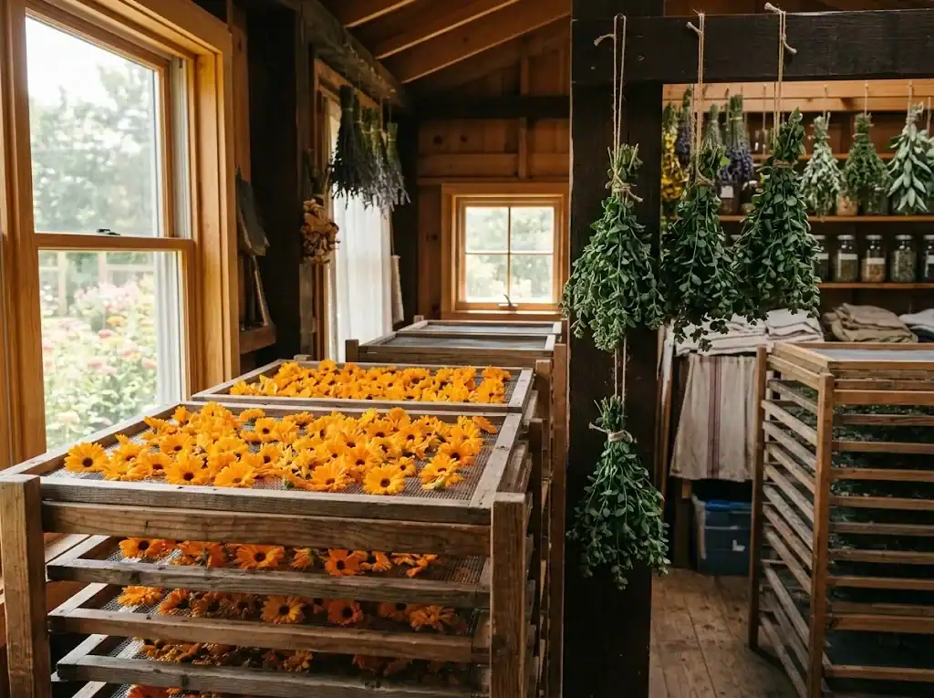 Vibrant orange calendula flower petals and oregano sprigs drying on wooden mesh screens