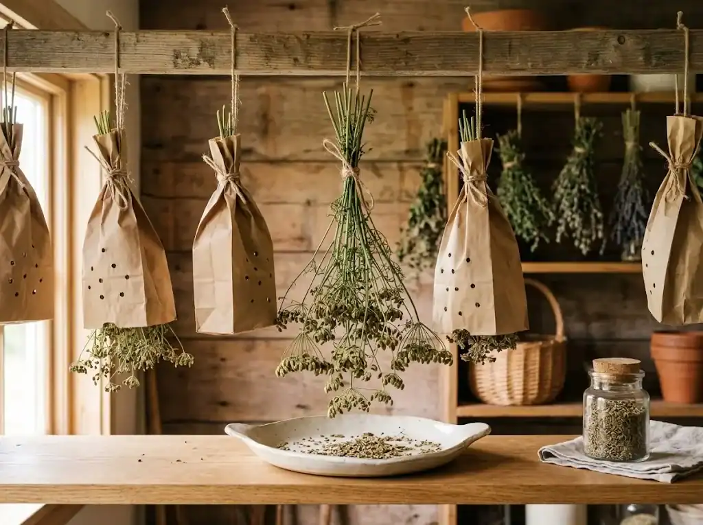 Bundles of anise stems tied with twine inside paper bags drying upside down in an airy room