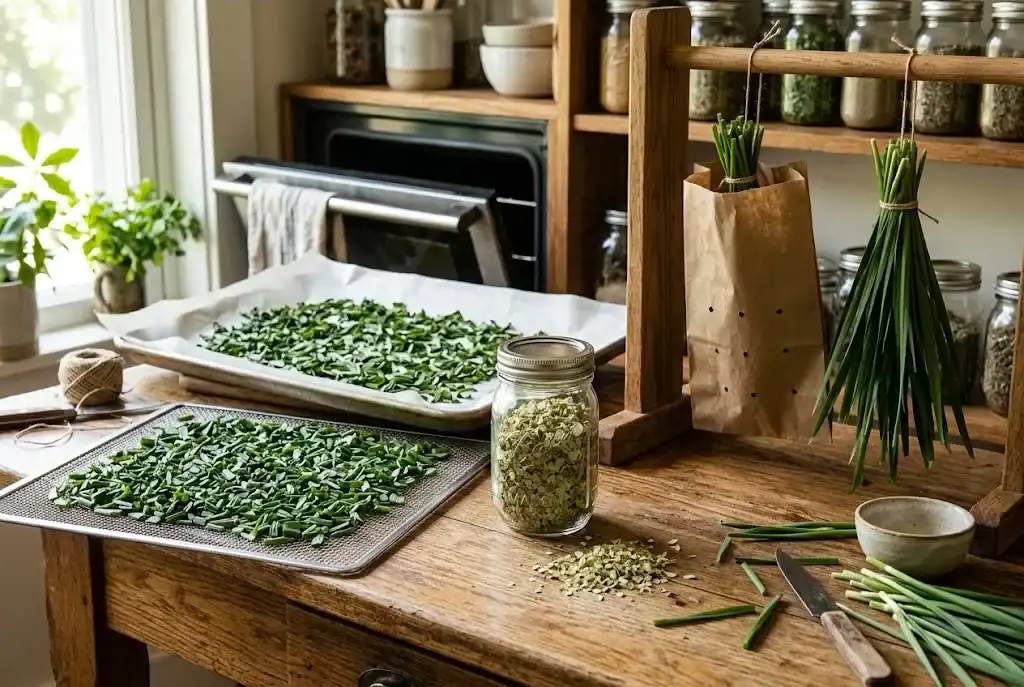 Pantry scene with dehydrator tray, oven tray, hanging bundles, and mason jar of dried garlic chives