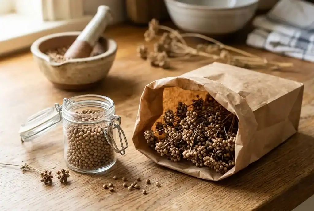 Dried coriander seed heads in a paper bag beside a jar of loose seeds