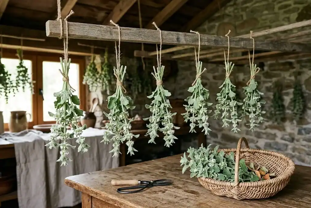 Small bundles of harvested white horehound tied with natural twine hanging upside down to dry