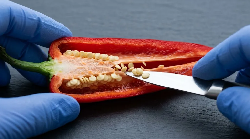 Halved red chili pod on dark slate tile showing interior seed placenta with gloved hand gently scraping seeds free