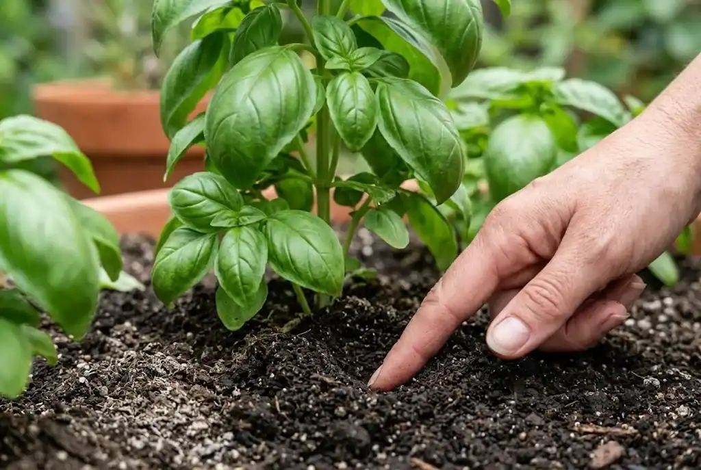 Gardener pressing a finger into potting soil at the base of a basil plant to test for moisture