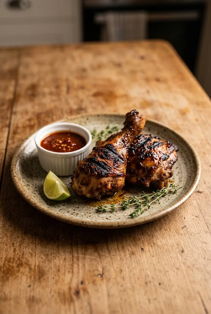 Caribbean jerk chicken with visible char marks and glossy marinade on a ceramic plate beside a small ramekin of red-orange scotch bonnet sauce with a lime wedge and thyme sprigs