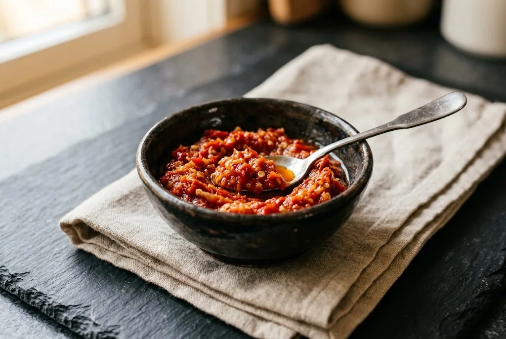 A small dark ceramic prep bowl of coarse bright red sambal paste showing visible chili flecks, a stainless spoon resting in the bowl, folded linen towel and slate surface beneath, warm window light