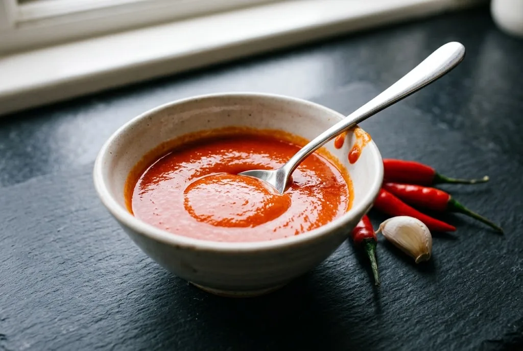 Small ceramic bowl of smooth bright red-orange fermented chili sauce with a stainless spoon on dark slate