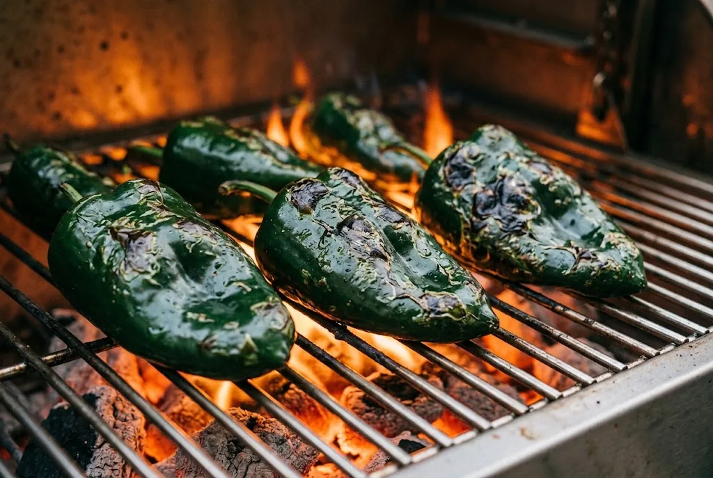 Whole dark green poblano peppers blistered and charred directly over glowing charcoal embers on a grill grate