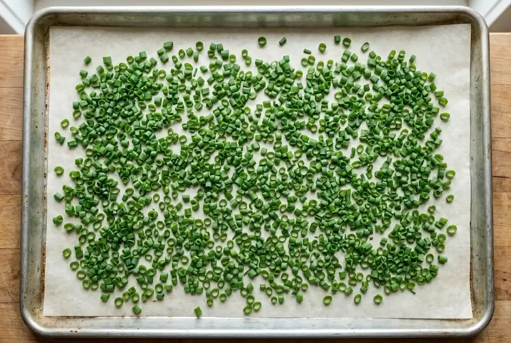 Finely chopped green chive rings spread in a single layer on parchment paper over a baking sheet for flash freezing