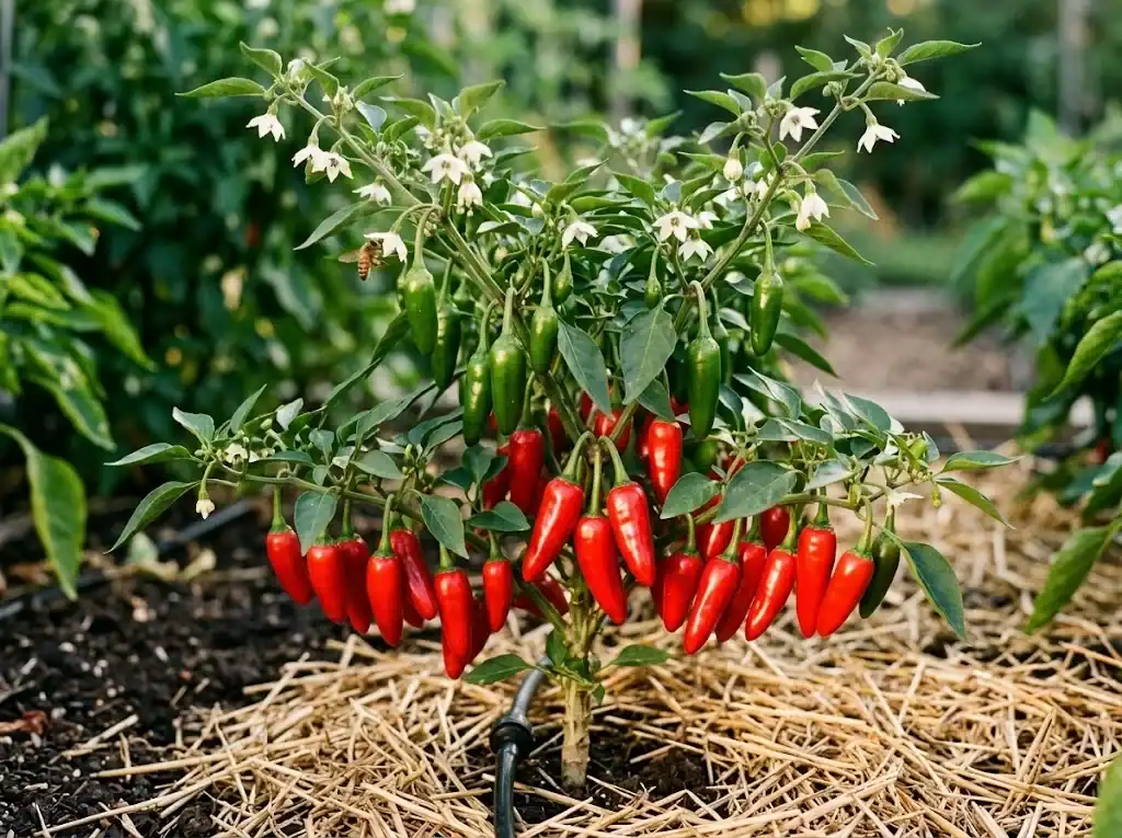 Mature red chili plant in full flowering and fruiting with white flowers, green unripe pods, and ripe red peppers