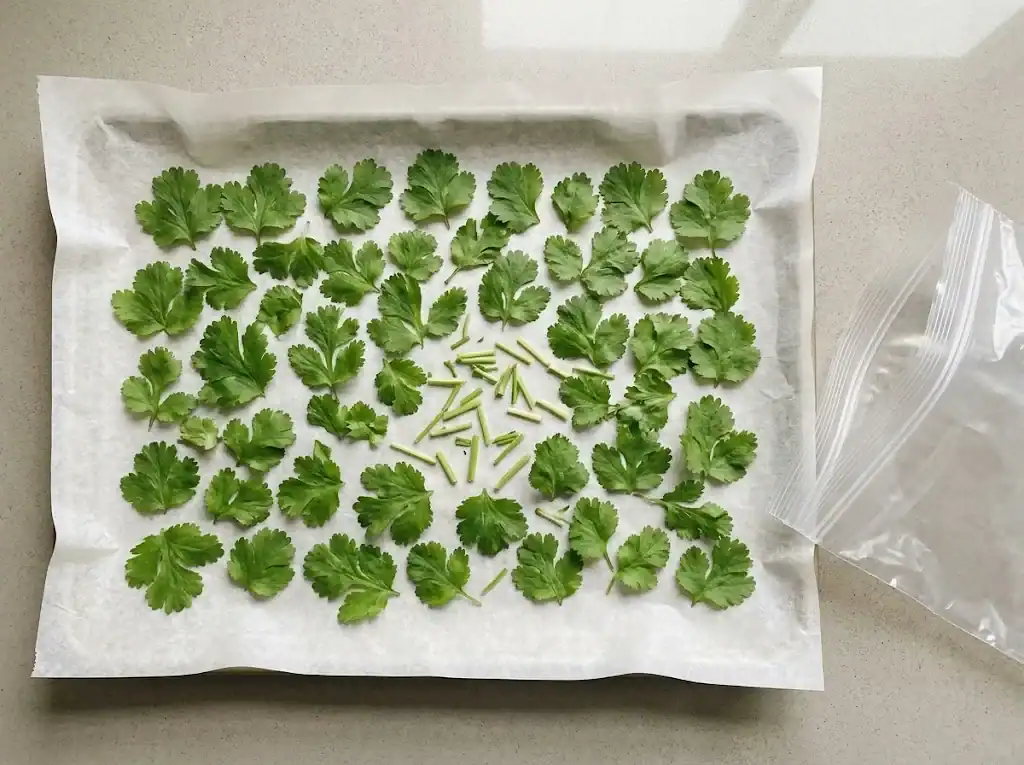 Single layer of fresh cilantro leaves spread on a parchment-lined baking sheet beside an empty freezer bag