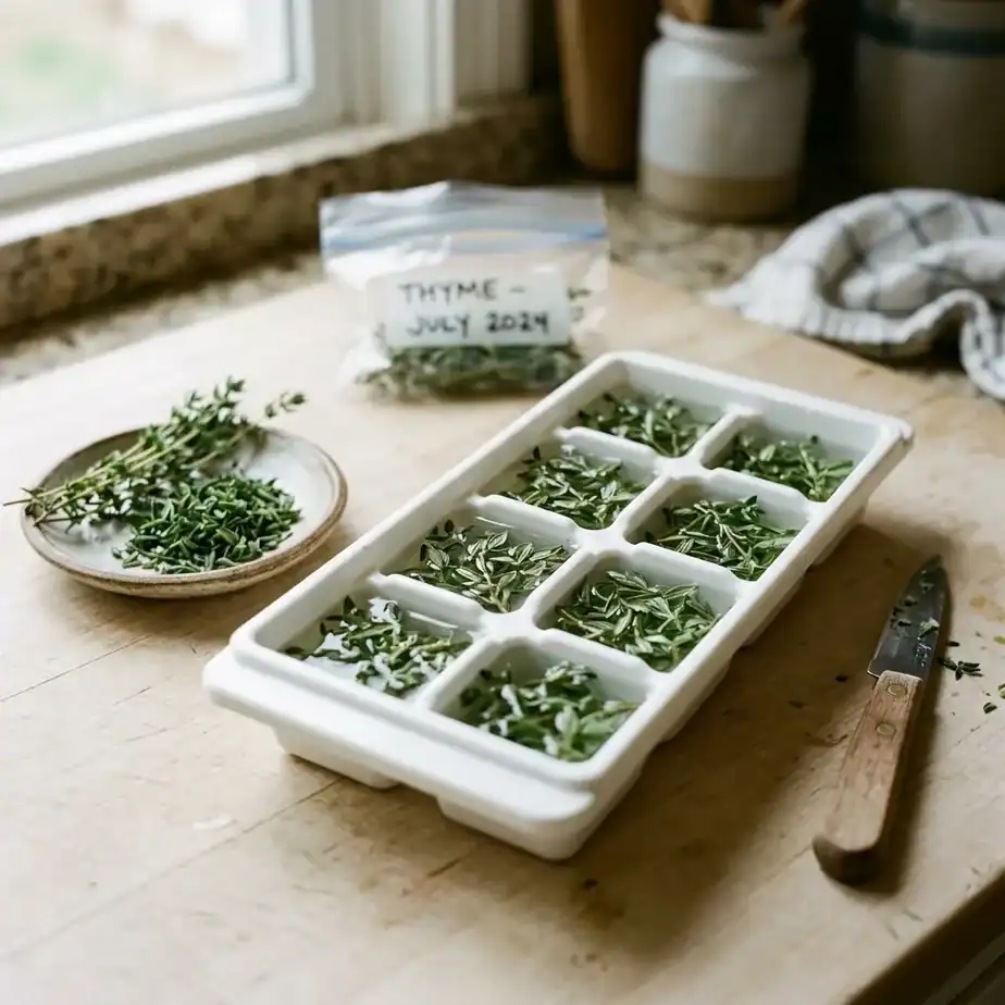 A clean white ice cube tray filled with chopped thyme leaves covered by a thin layer of water, with a small labeled freezer bag in the background