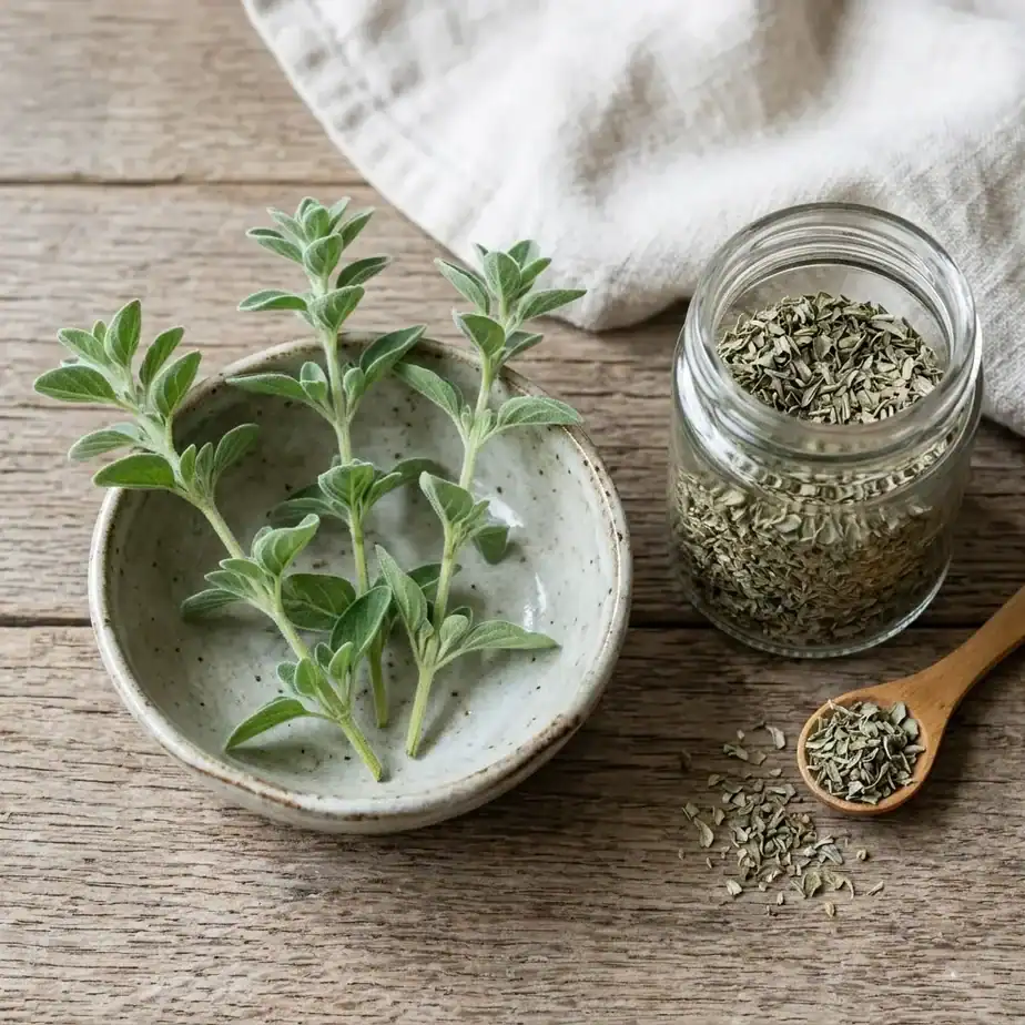 Fresh sweet marjoram sprigs in a small dish beside a glass jar of dried sweet marjoram on a wooden surface