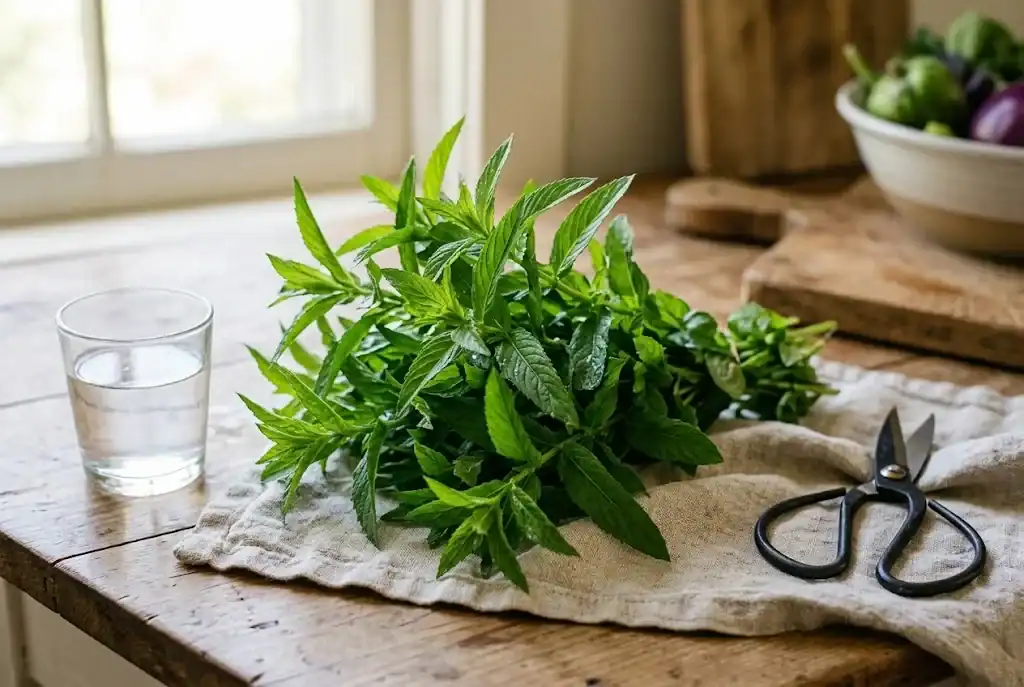 Freshly cut spearmint stems on a linen towel beside a glass of water