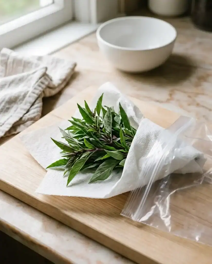 Asian basil leaves wrapped in a paper towel beside an open plastic bag
