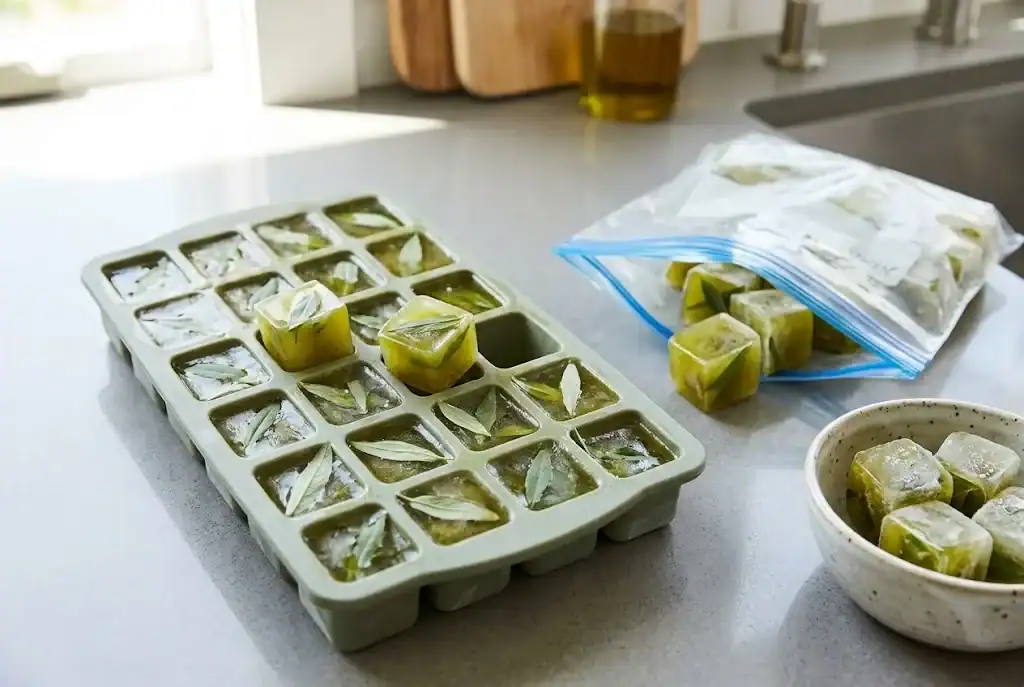 A silicone ice cube tray filled with frozen green lemon basil and olive oil cubes beside a freezer bag on a counter