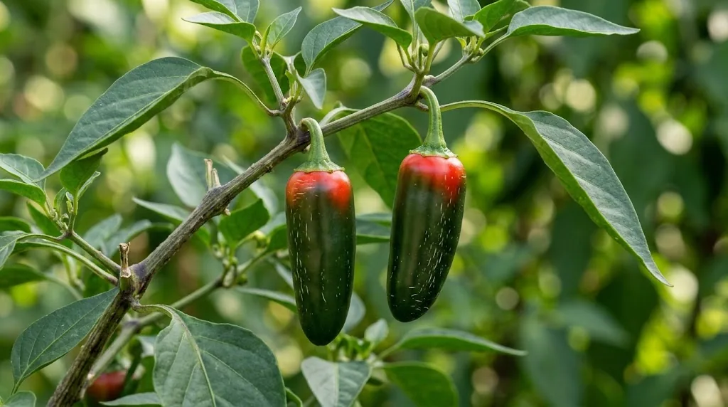 Glossy mature jalapeño peppers hanging from a leafy garden plant in morning sunlight