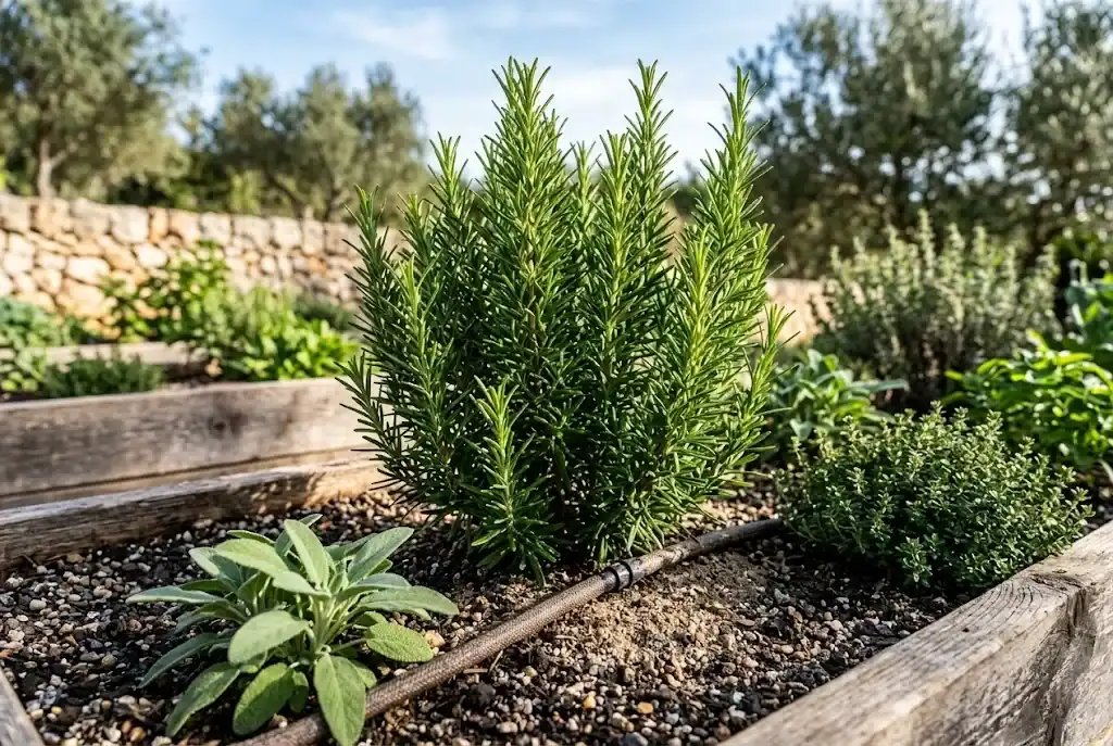 A rosemary shrub freshly planted in a raised bed of well-drained soil in full sun, with sage and thyme nearby