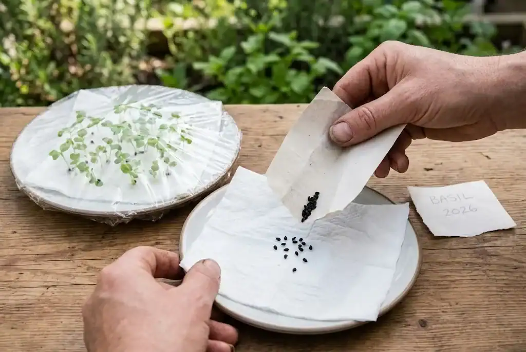 Gardener's hands tipping a dozen basil seeds onto a damp folded paper towel beside a plate already holding sprouted basil seedlings under translucent plastic.